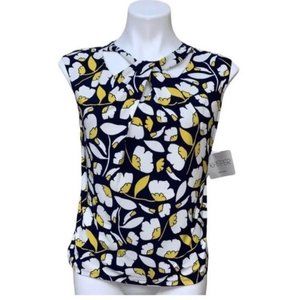Kasper INDIGO YELLOW WHITE Sleeveless Crisscross Cutout Neck Floral Top, PM New